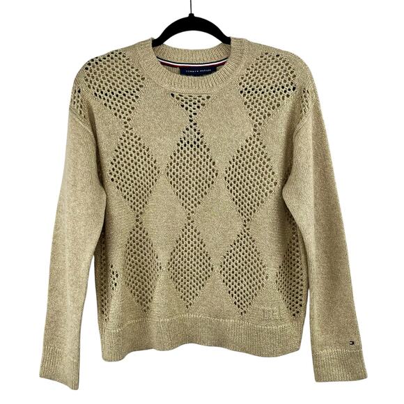 Tommy Hilfiger Tan Gold Metallic Knitted Open Stitch Argyle Sweater Small NWT - Picture 2 of 12